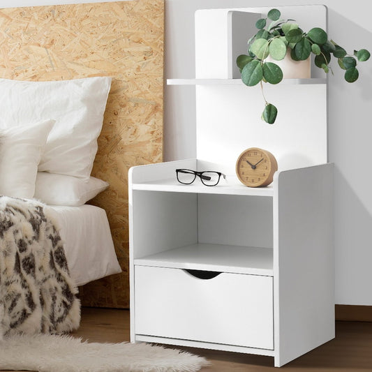 1 Drawer Artiss Bedside Table with Shelves - EVERMORE White